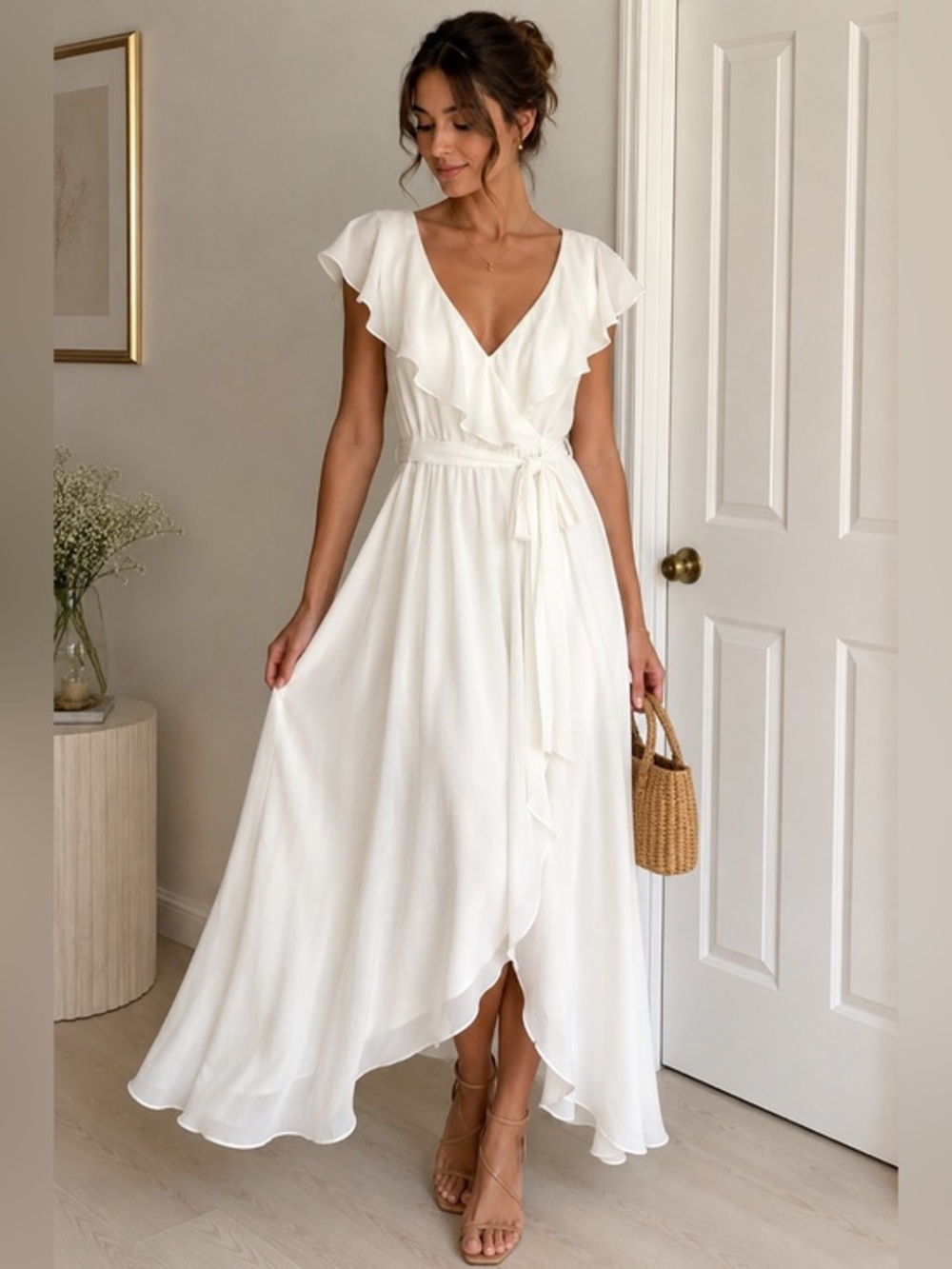 Simple White Ruffle Wrap Maxi Dress Large